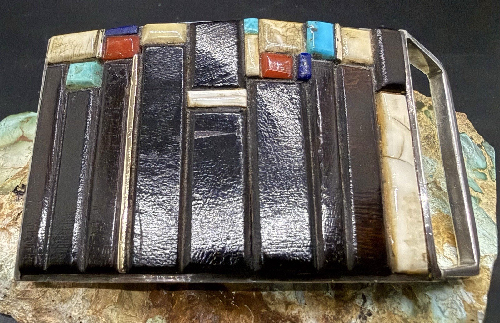 RARE Hopi CHARLES LOLOMA Sterling 14k Gold Multi Gemstone Inlay Belt Buckle SEE RARE Hopi CHARLES LOLOMA Sterling 14k Gold Multi Gemstone Inlay Belt Buckle SEE