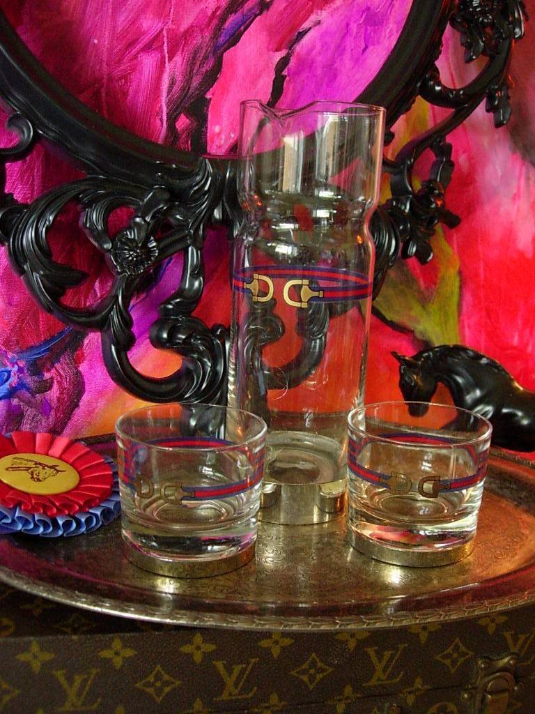 RARE Vintage GUCCI Carafe Pitcher Old Fashion Glasses Holiday Service Barware GG RARE Vintage GUCCI Carafe Pitcher Old Fashion Glasses Holiday Service Barware GG