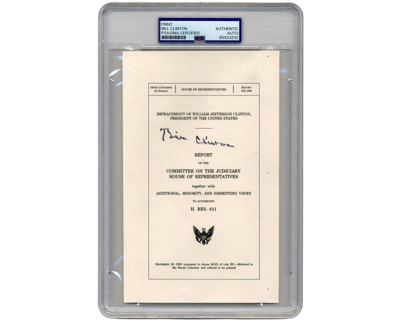 President Bill Clinton Signed Souvenir Typescript of Impeachment Report PSA Auto President Bill Clinton Signed Souvenir Typescript of Impeachment Report PSA Auto