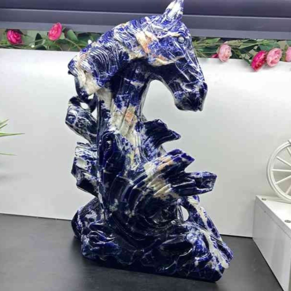 Natural Sodalite Horse Head Carving Handmade Crystal Figurine Home Decor