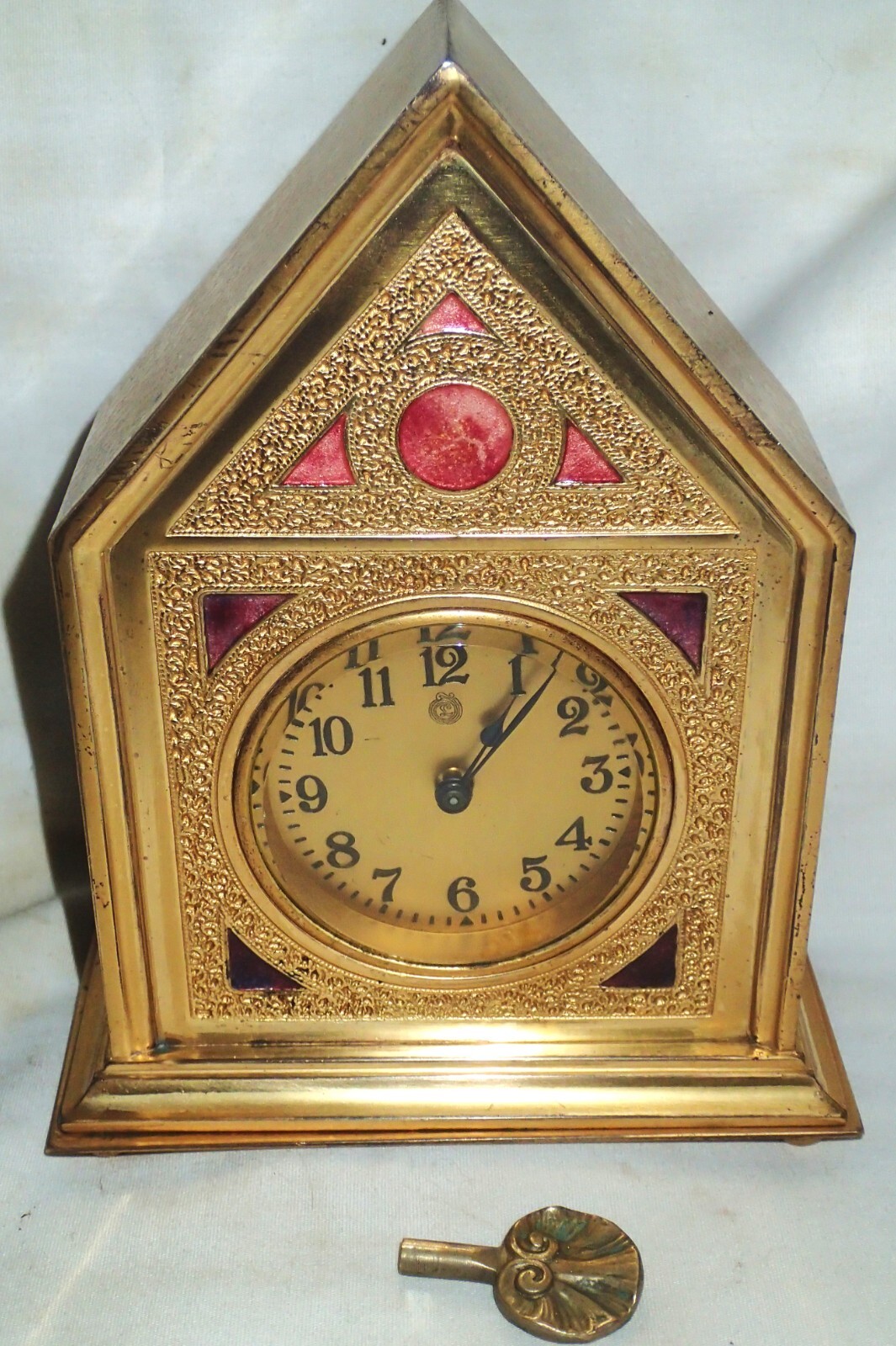 ANTIQUE TIFFANY STUDIOS GOLD BRONZE FAVRILE GLASS ENAMEL STEEPLE CLOCK L.C.T.