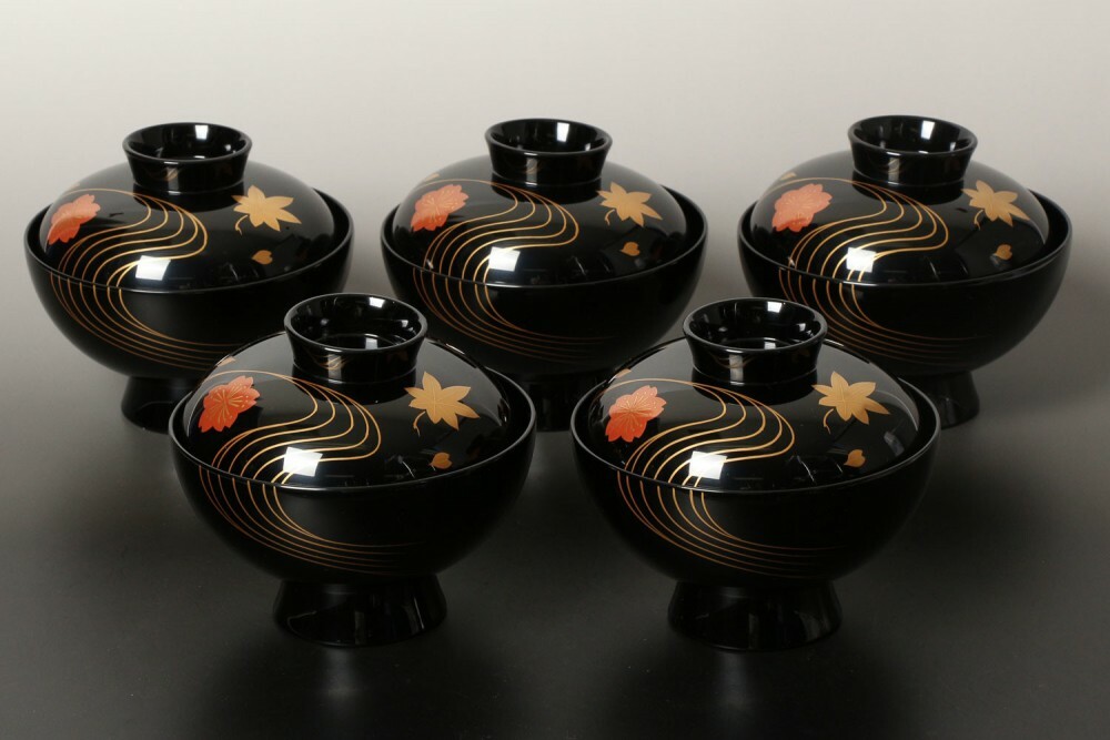 Owan Japanese soup bowl Echizen Lacquerware Handcraft Tatsutagawa river set of 5 Owan Japanese soup bowl Echizen Lacquerware Handcraft Tatsutagawa river set of 5