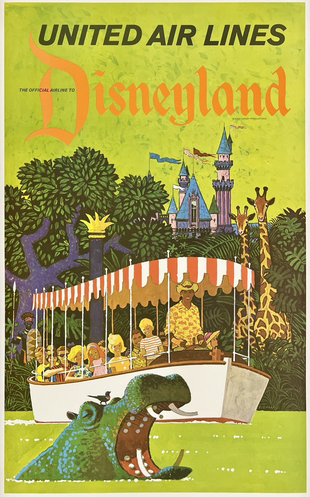 Original Vintage Poster UNITED AIR LINES - DISNEYLAND Airline Travel Galli LINEN Original Vintage Poster UNITED AIR LINES - DISNEYLAND Airline Travel Galli LINEN