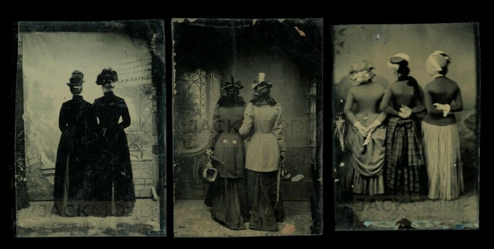 Amazing Trio Antique Tintype Photo Back Turned Away Camera Unusual Creepy Lot