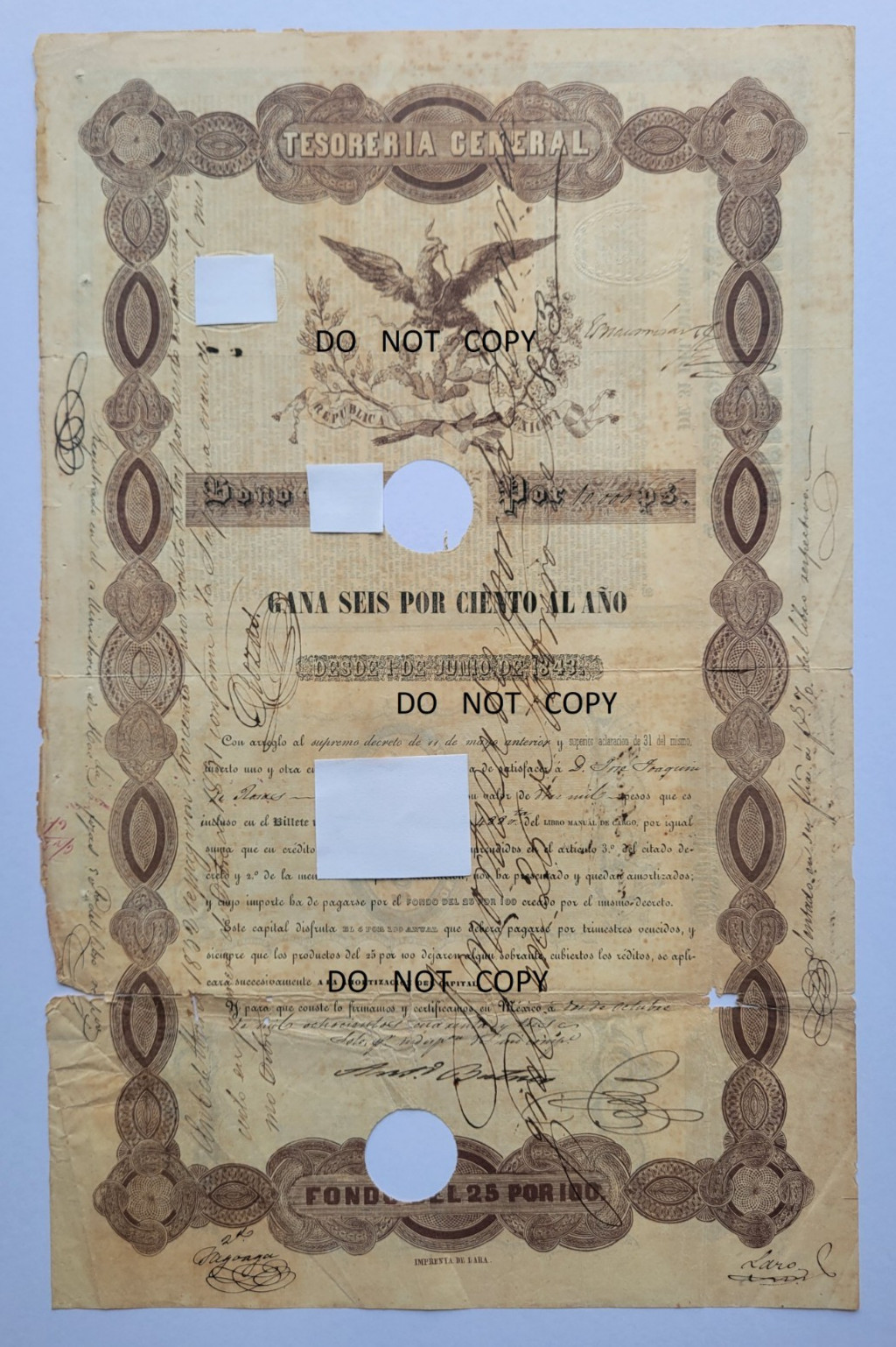C.1843 BLACK EAGLE MEXICO BOND TESORERIA GENERAL 10,000 PESES RARE AUTHENTIC