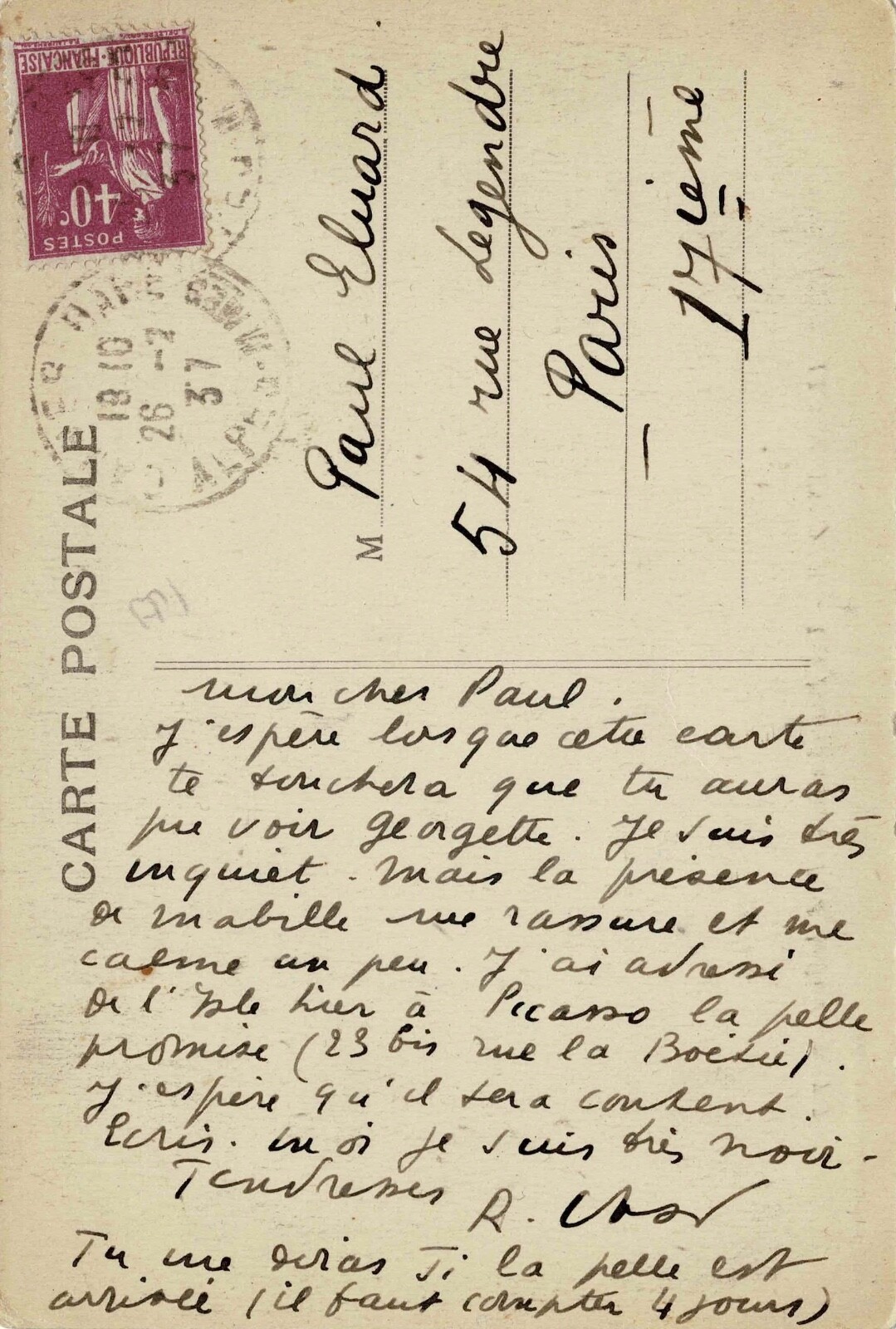 René CHAR - Autograph card signed to Paul ÉLUARD - Son despair and PICASSO.