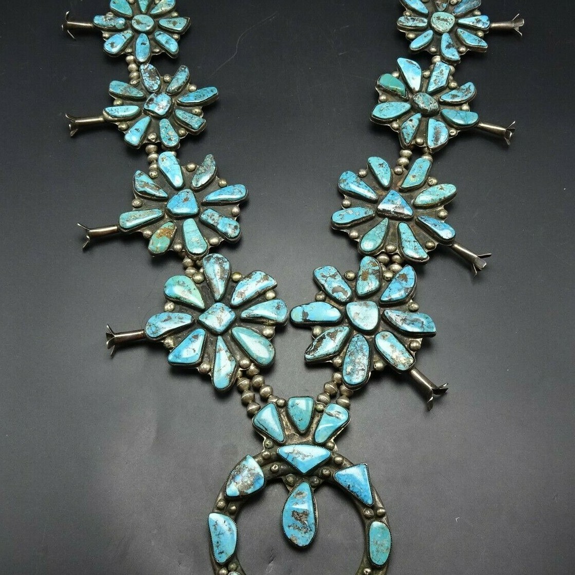 1970s HUGE 628g Vintage High Grade MORENCI TURQUOISE Squash Blossom NECKLACE 1970s HUGE 628g Vintage High Grade MORENCI TURQUOISE Squash Blossom NECKLACE