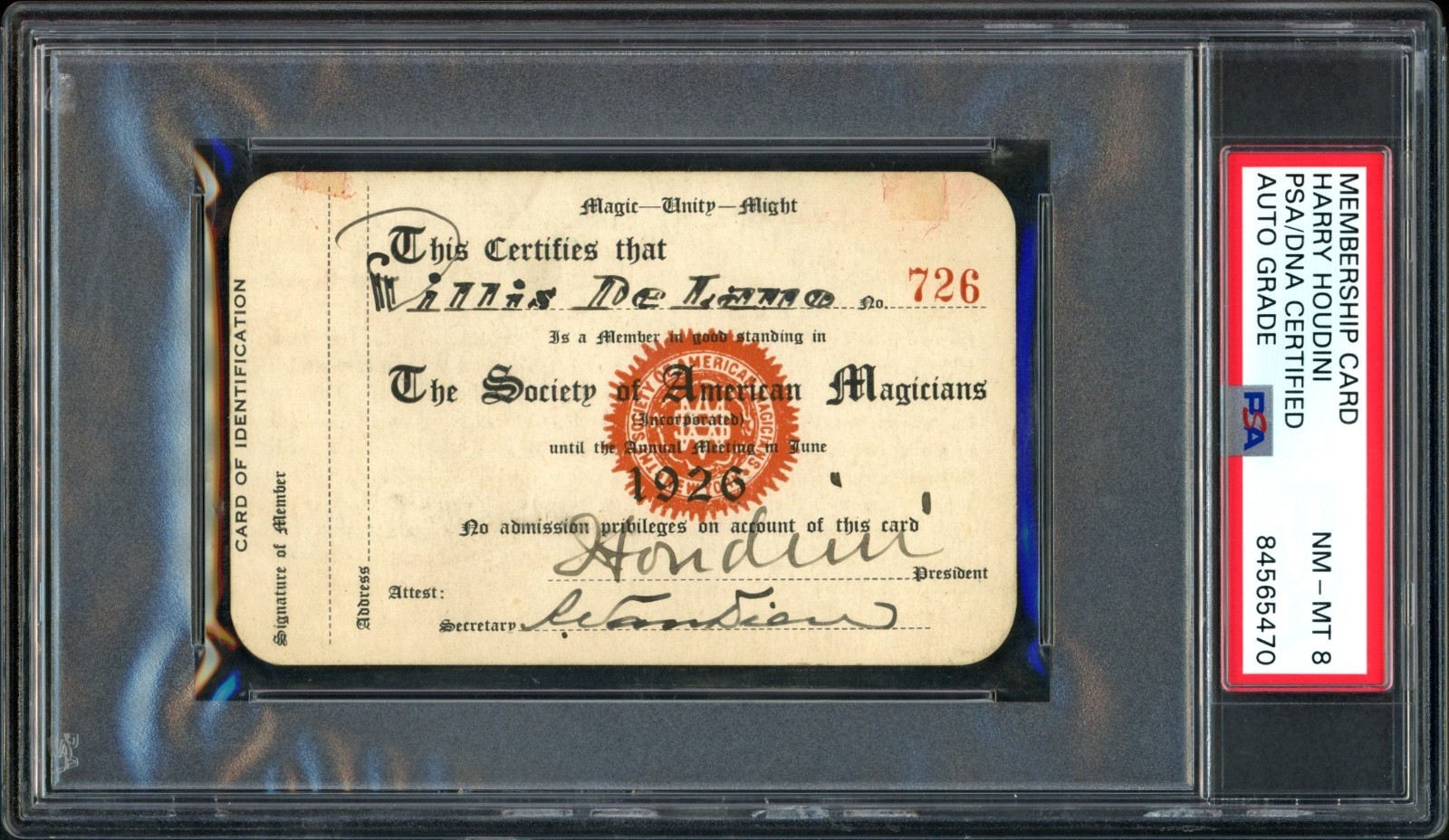1926 HARRY HOUDINI SIGNED MEMBERSHIP CARD NM-MT PSA 8 w/ AUTO INCREDIBLE 1926 HARRY HOUDINI SIGNED MEMBERSHIP CARD NM-MT PSA 8 w/ AUTO INCREDIBLE