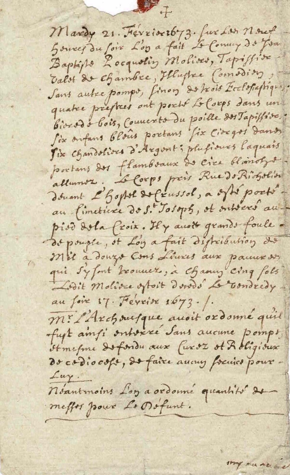 Manuscript. Detailed report of MOLIERE’s funeral. 1673 Manuscript. Detailed report of MOLIERE’s funeral. 1673