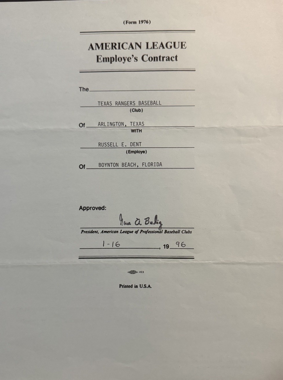 Bucky Dent Signed 1996 Texas Rangers MLB Contract - Bench Coach - Baseball Bucky Dent Signed 1996 Texas Rangers MLB Contract - Bench Coach - Baseball