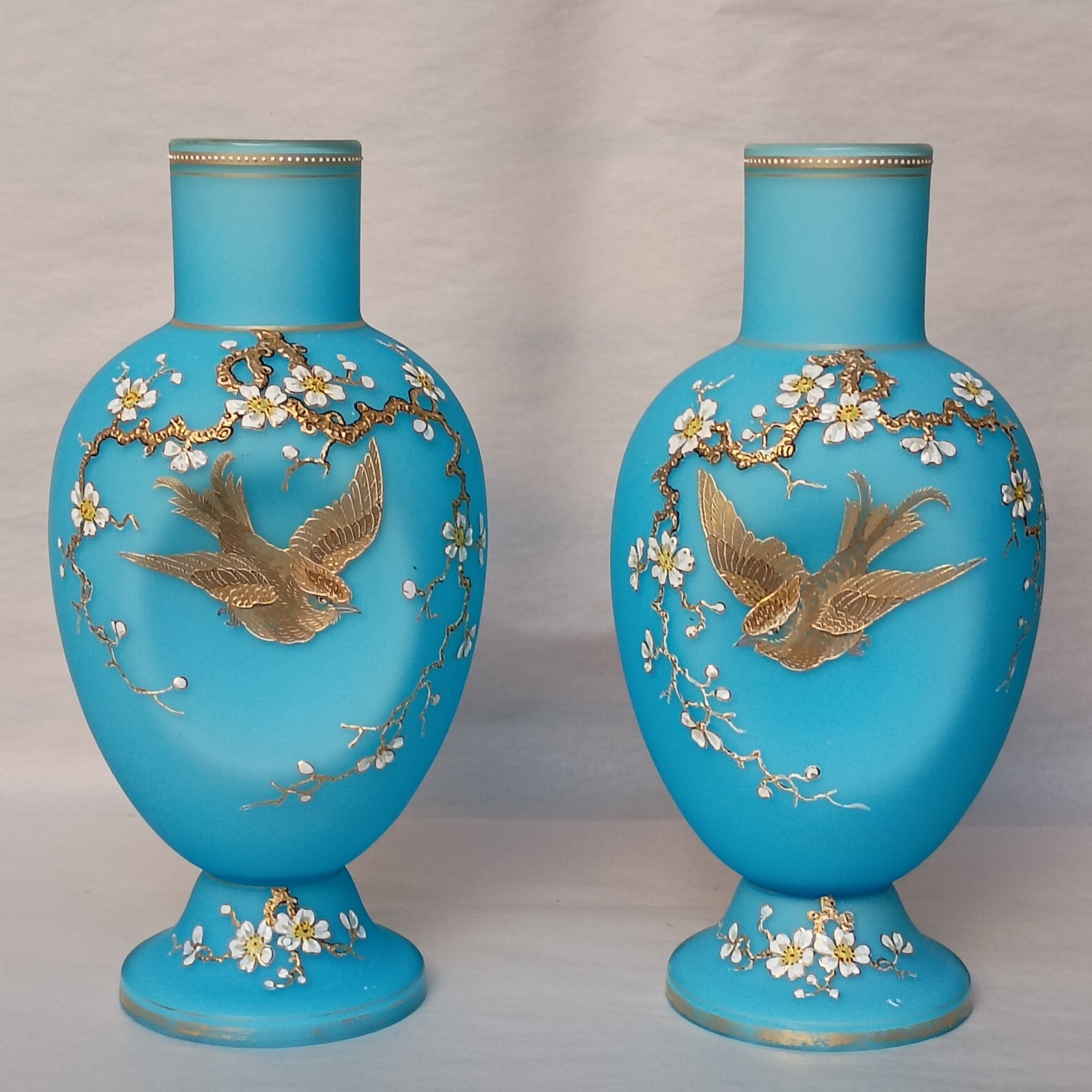 Pair Antique Harrach Bohemian Czech Blue Cased Glass Bird Vases 11