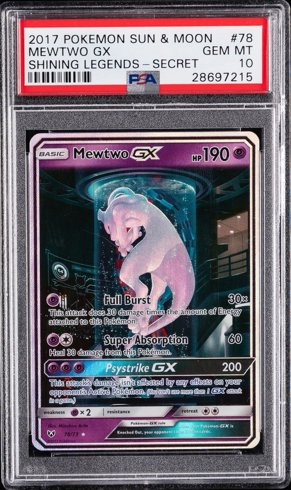 2017 Pokemon S & M Shining Legends Secret #78 Mewtwo Gx PSA 10 GEM MINT