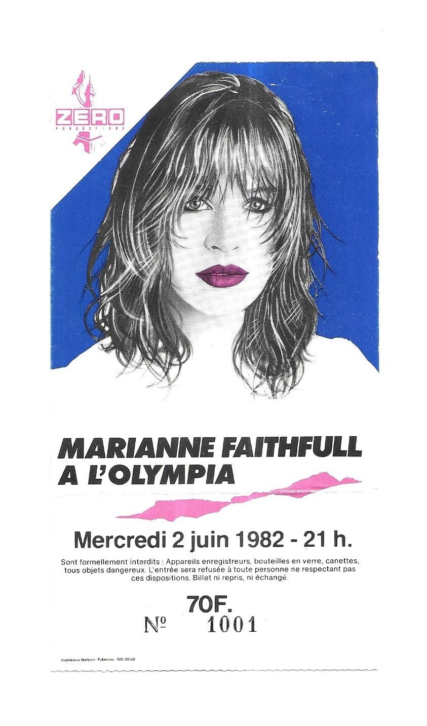 RARE / CONCERT TICKET TICKET - MARIANNE FAITHFULL: PARIS 1982 ROLLING STONES RARE / CONCERT TICKET TICKET - MARIANNE FAITHFULL: PARIS 1982 ROLLING STONES