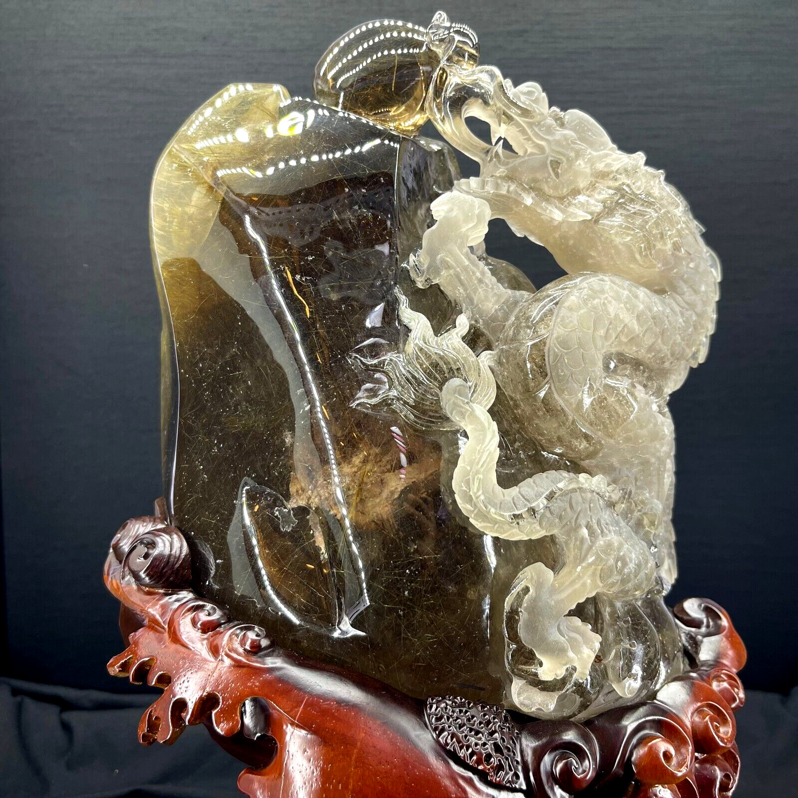 22.55LB TOP Natural smoky Hair crystal quartz hand carved crystal dragon+stand 22.55LB TOP Natural smoky Hair crystal quartz hand carved crystal dragon+stand