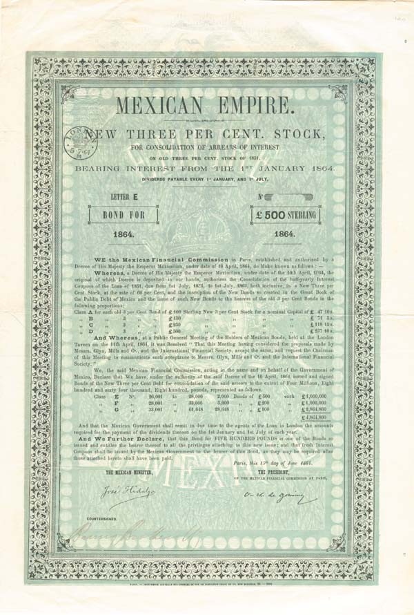 Maximilian 500 British Pounds 1864 dated Mexican Empire Bond - Mexican Stocks