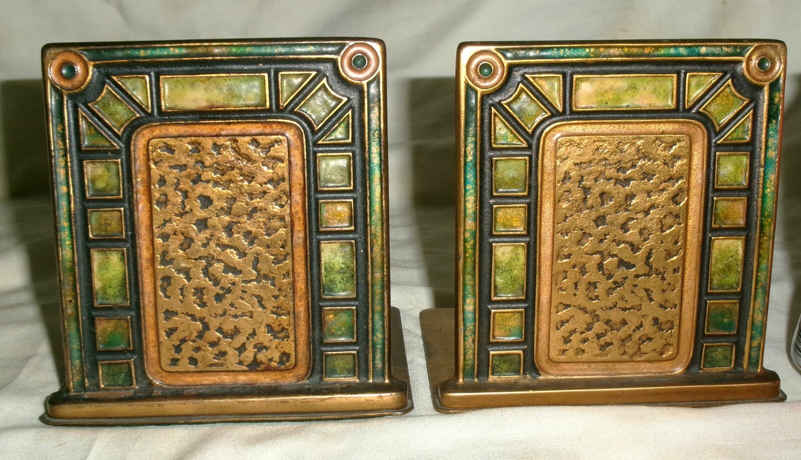 ANTIQUE L.C.T. TIFFANY STUDIOS #365 FURNACES FAVRILE ART BRONZE ENAMEL BOOKENDS