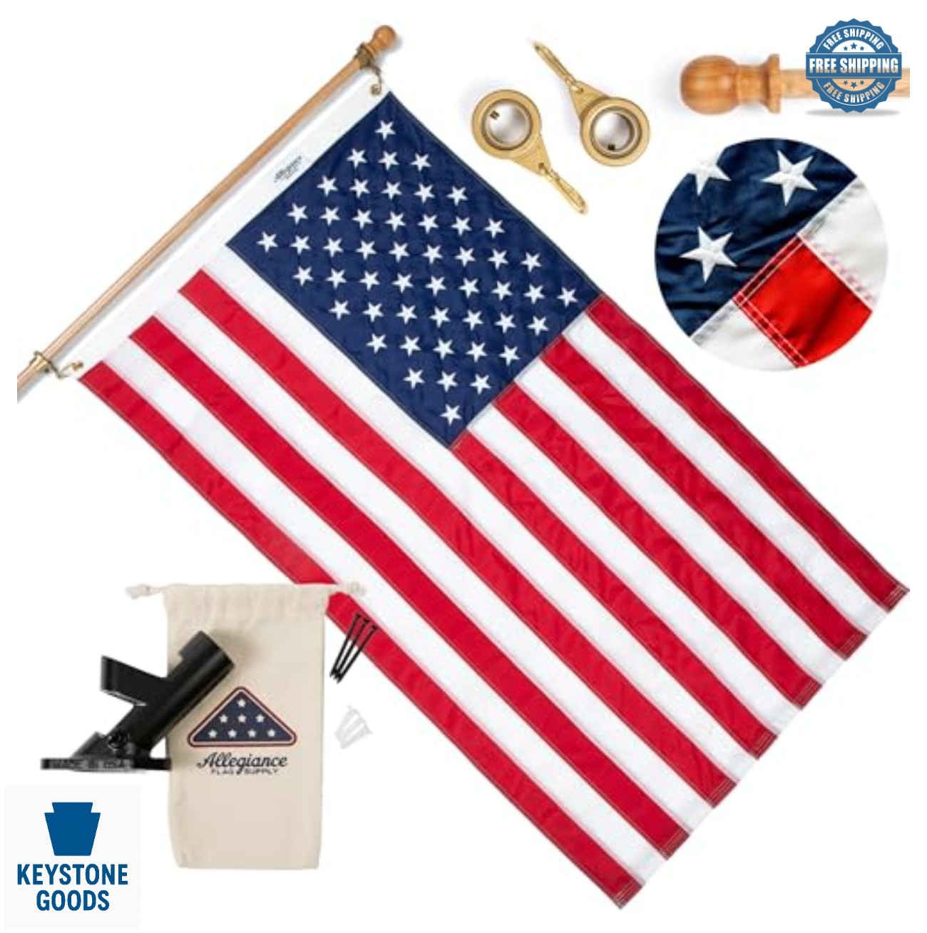 American Flag Set 3x5 Ft 200D Nylon Embroidered Stars Sewn Stripes Flagpole
