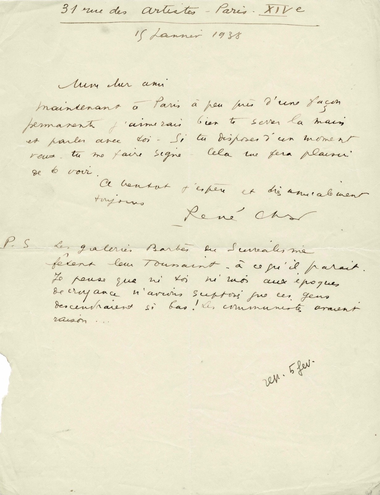 René CHAR - Signed Autograph Letter. Paris. Surrealists and Communists René CHAR - Signed Autograph Letter. Paris. Surrealists and Communists