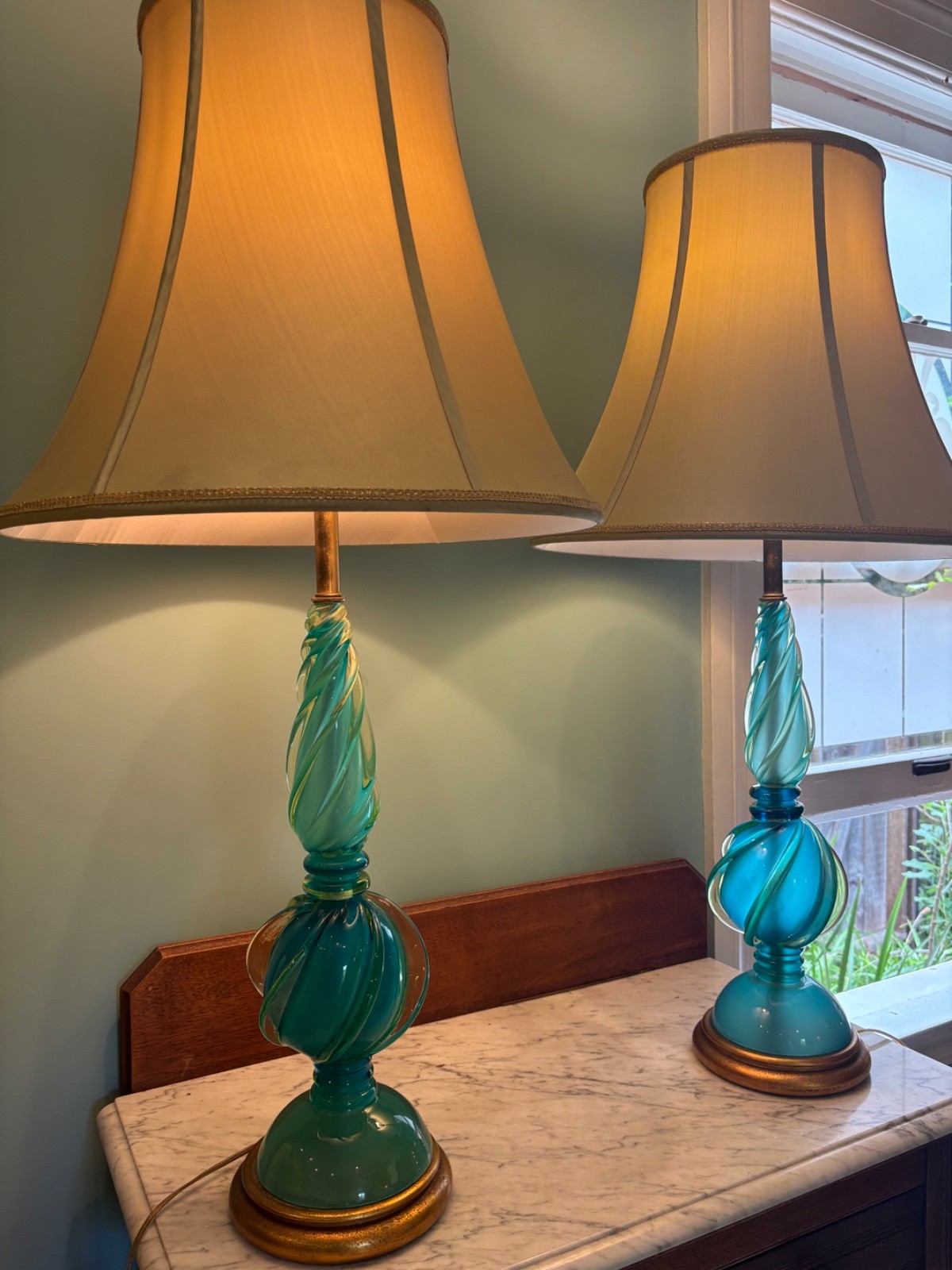 Rare & beautiful Atomic Era Murano Mercury Glass Lamps with Original Shades Rare & beautiful Atomic Era Murano Mercury Glass Lamps with Original Shades