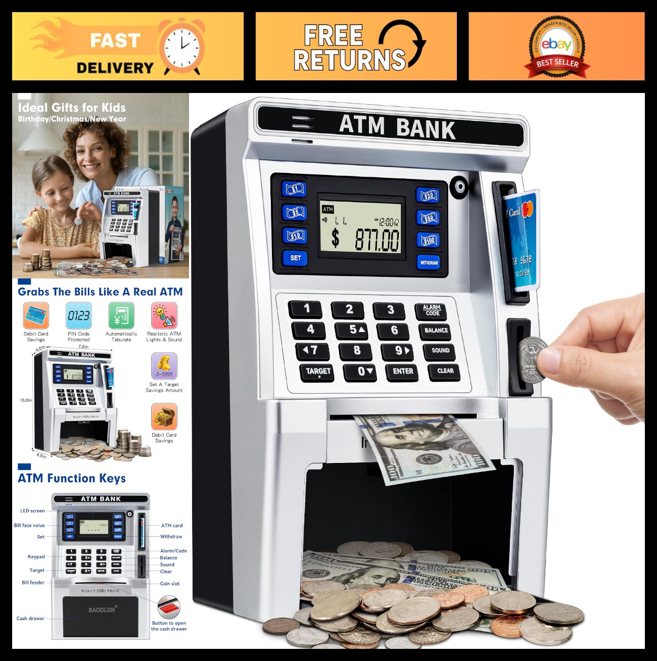 Kids ATM Piggy Bank - Electronic Savings Safe with Debit Card, Coin Feeder & Bal