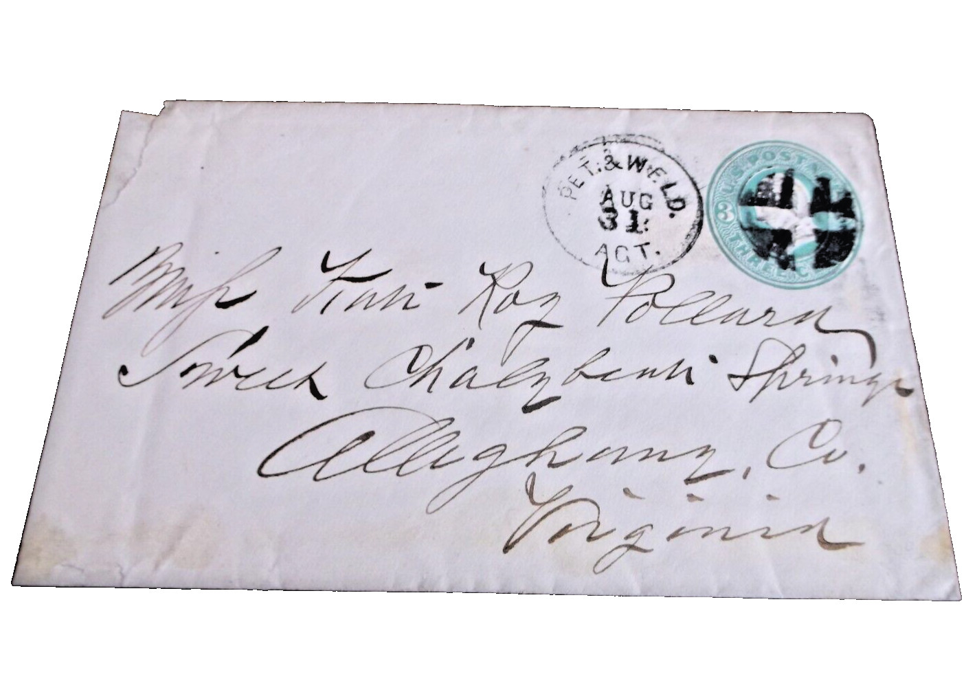 1870's PETERSBURG RAILROAD VIRGINIA PETERSBURG & WELDON NC RPO HANDLED ENVELOPE