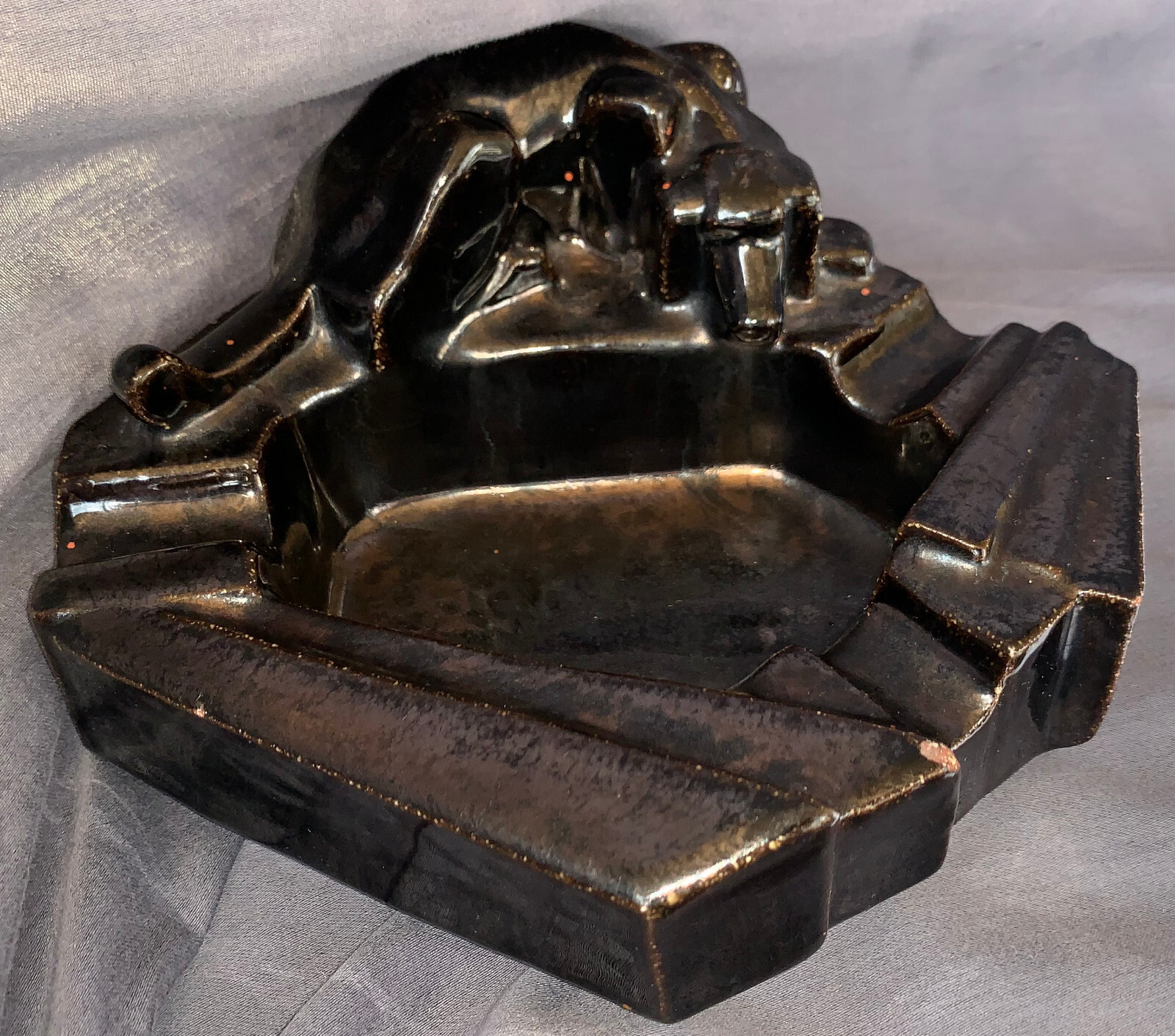 Mosaic Tile Co. Art Deco Dog Ash Tray Gunmetal Glaze Geometric Cubist Shape Mosaic Tile Co. Art Deco Dog Ash Tray Gunmetal Glaze Geometric Cubist Shape