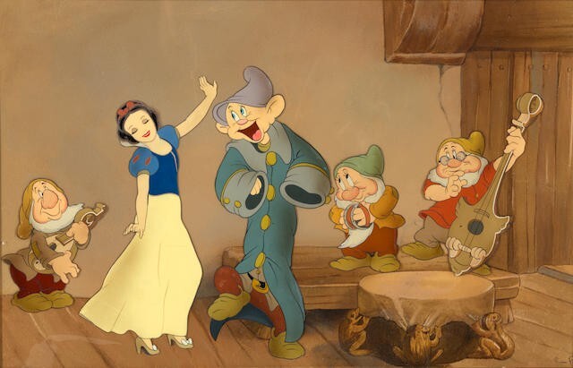 SNOW WHITE SILLY DANCE, KEY MATCHING TRIMMED CELS ON PRODUCTION BG, MINT FRAMED SNOW WHITE SILLY DANCE, KEY MATCHING TRIMMED CELS ON PRODUCTION BG, MINT FRAMED