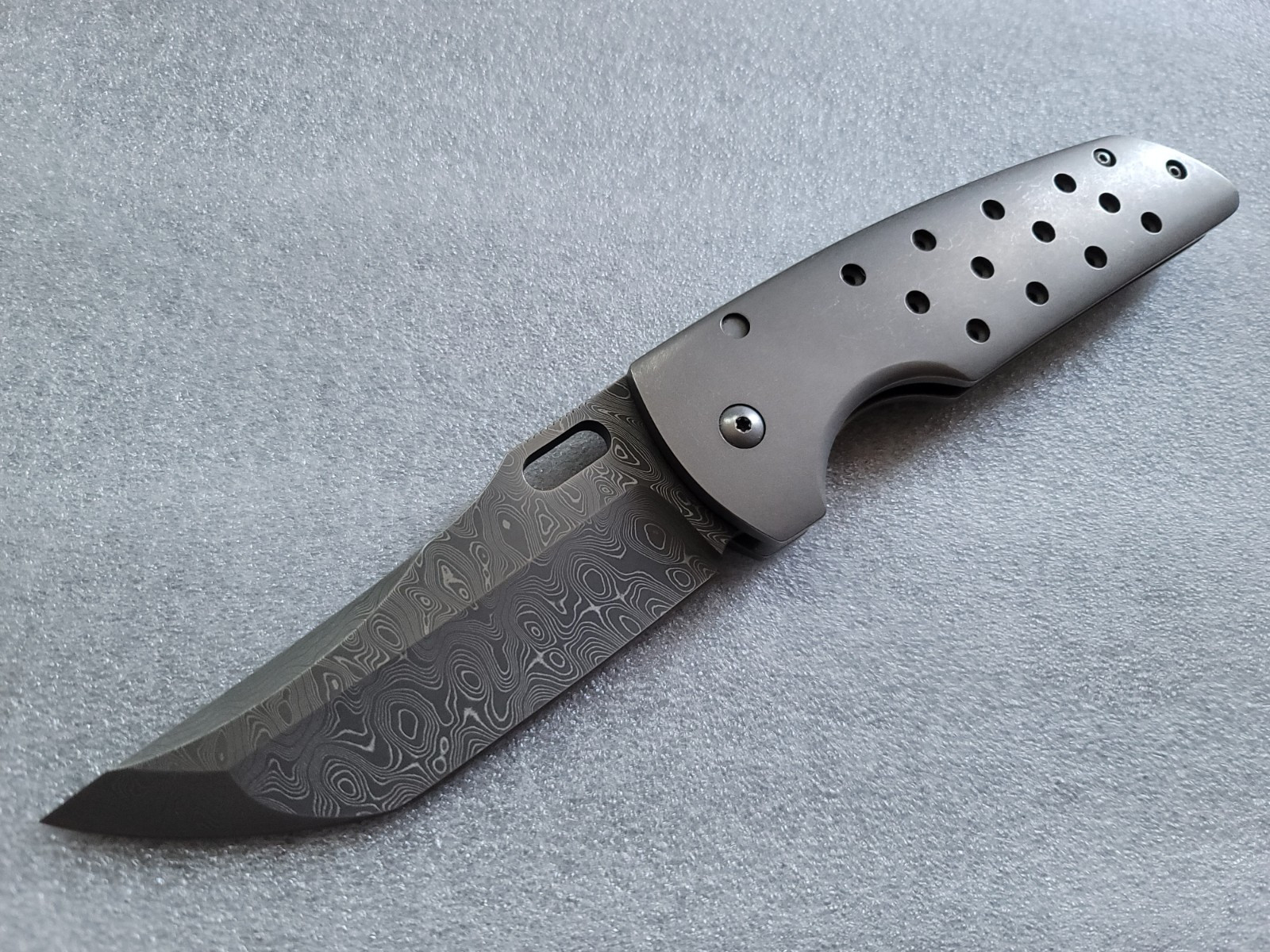 John Barker Knives Custom Hokkaido XL, Damascus Blade/Accents, Strider Hole