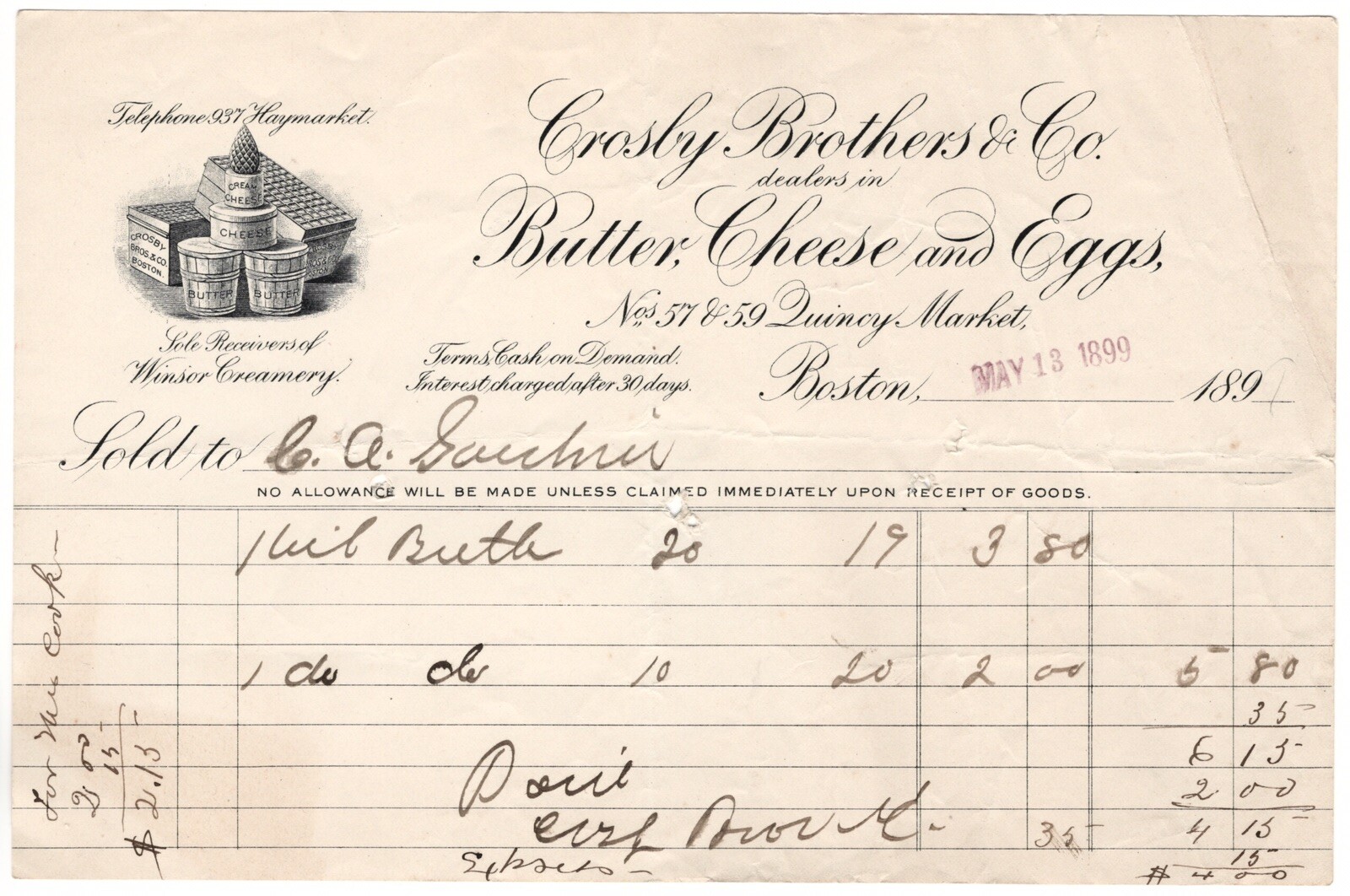 1899 CROSBY BROTHERS BUTTER CHEESE EGGS QUINCY MARKET WINSOR CREAMERY BILLHEAD