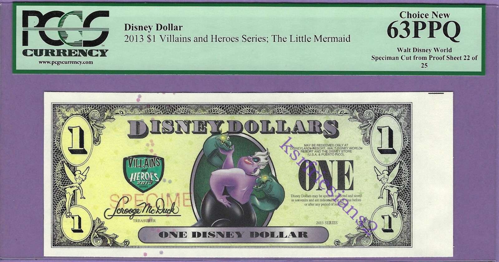 2013 D $1 URSULA DISNEY DOLLAR SPECIMEN PROOF SHEET#22 ULTRA RARE VILLAIN HEROES