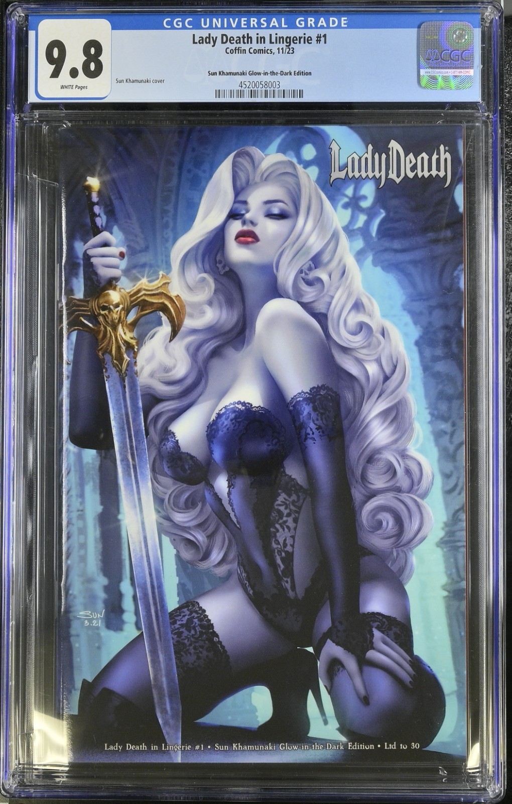 LADY DEATH IN LINGERIE #1 • SUN KHAMUNAKI • Glow in the Dark ltd to 30 • CGC 9.8 LADY DEATH IN LINGERIE #1 • SUN KHAMUNAKI • Glow in the Dark ltd to 30 • CGC 9.8