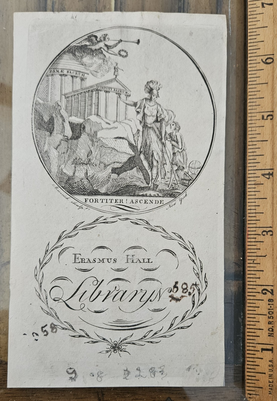 c1790 Peter Maverick engraved Bookplate ERASMUS HALL LIBRARY Flatbush Brooklyn 