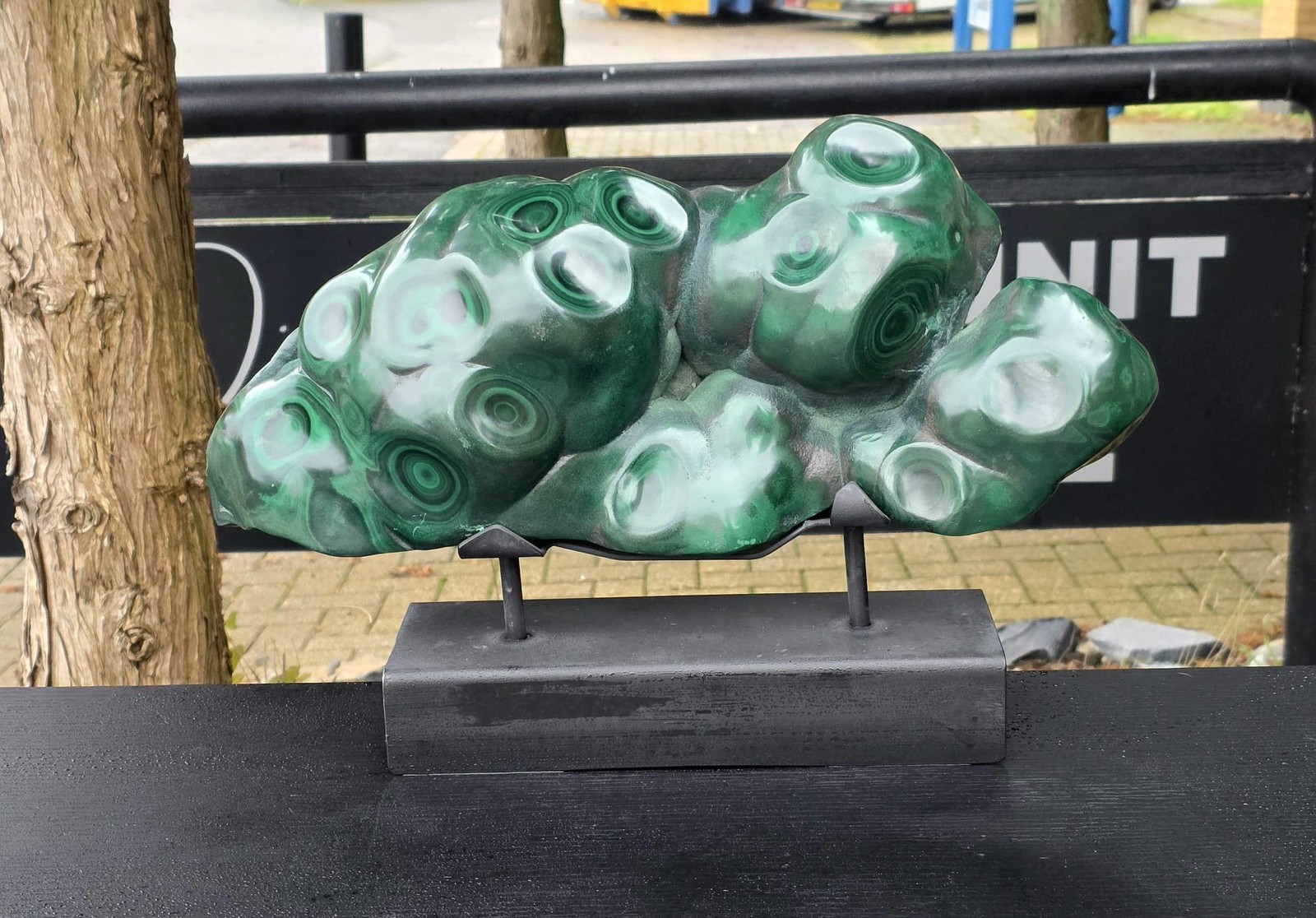 XL Large Malachite Crystal Freeform on Custom Stand | Polished Statement | XL Large Malachite Crystal Freeform on Custom Stand | Polished Statement |