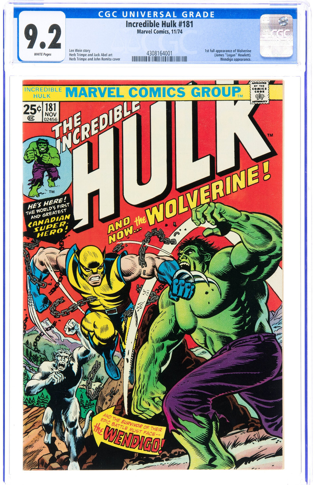 Incredible Hulk #181 CGC 9.2 1st App Wolverine 1974 - WHITE PAGES - P12 431 cm