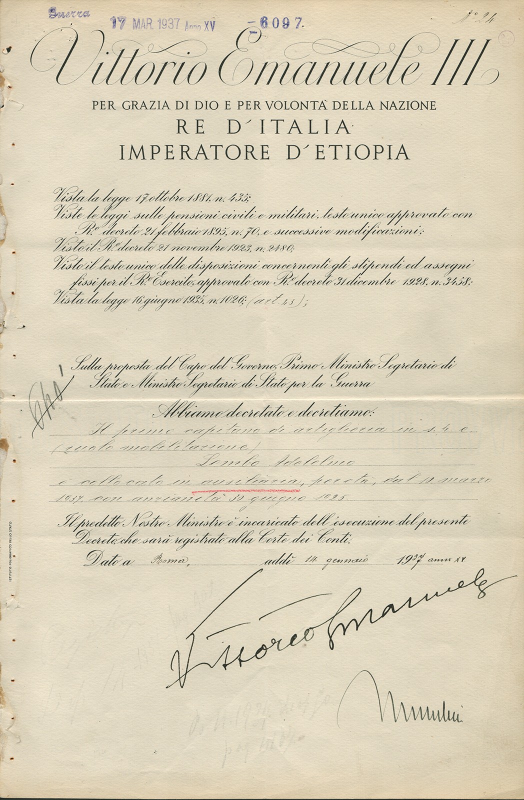BENITO (IL DUCE) MUSSOLINI (ITALY) - DOCUMENT SIGNED 01/14/1937 WITH CO-SIGNERS BENITO (IL DUCE) MUSSOLINI (ITALY) - DOCUMENT SIGNED 01/14/1937 WITH CO-SIGNERS