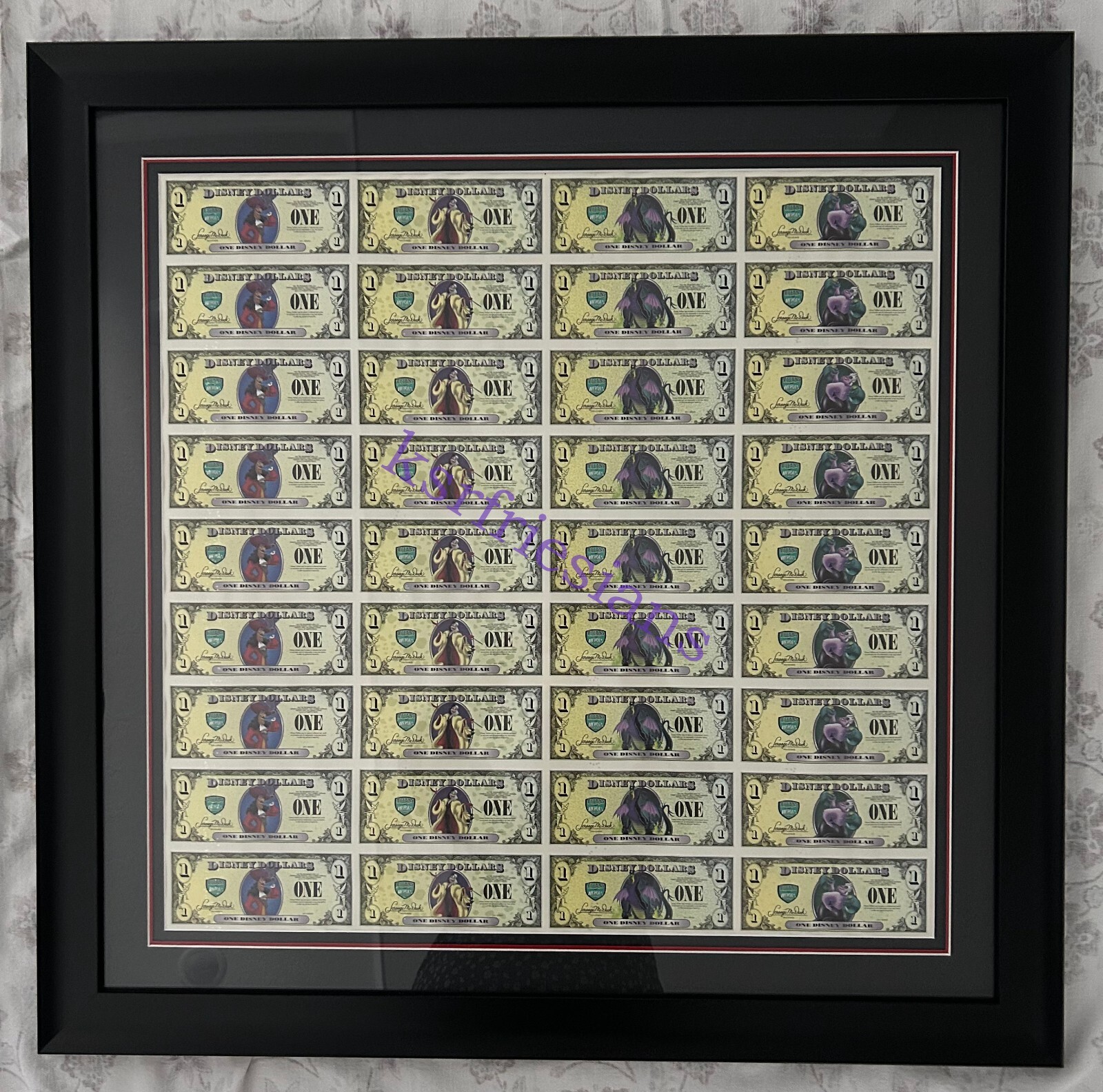 2013 D $1 36 UNCUT PROOF DISNEY DOLLARS FRAMED SHEET #18 OF 25 W/ ErRoR CRUELLA 2013 D $1 36 UNCUT PROOF DISNEY DOLLARS FRAMED SHEET #18 OF 25 W/ ErRoR CRUELLA