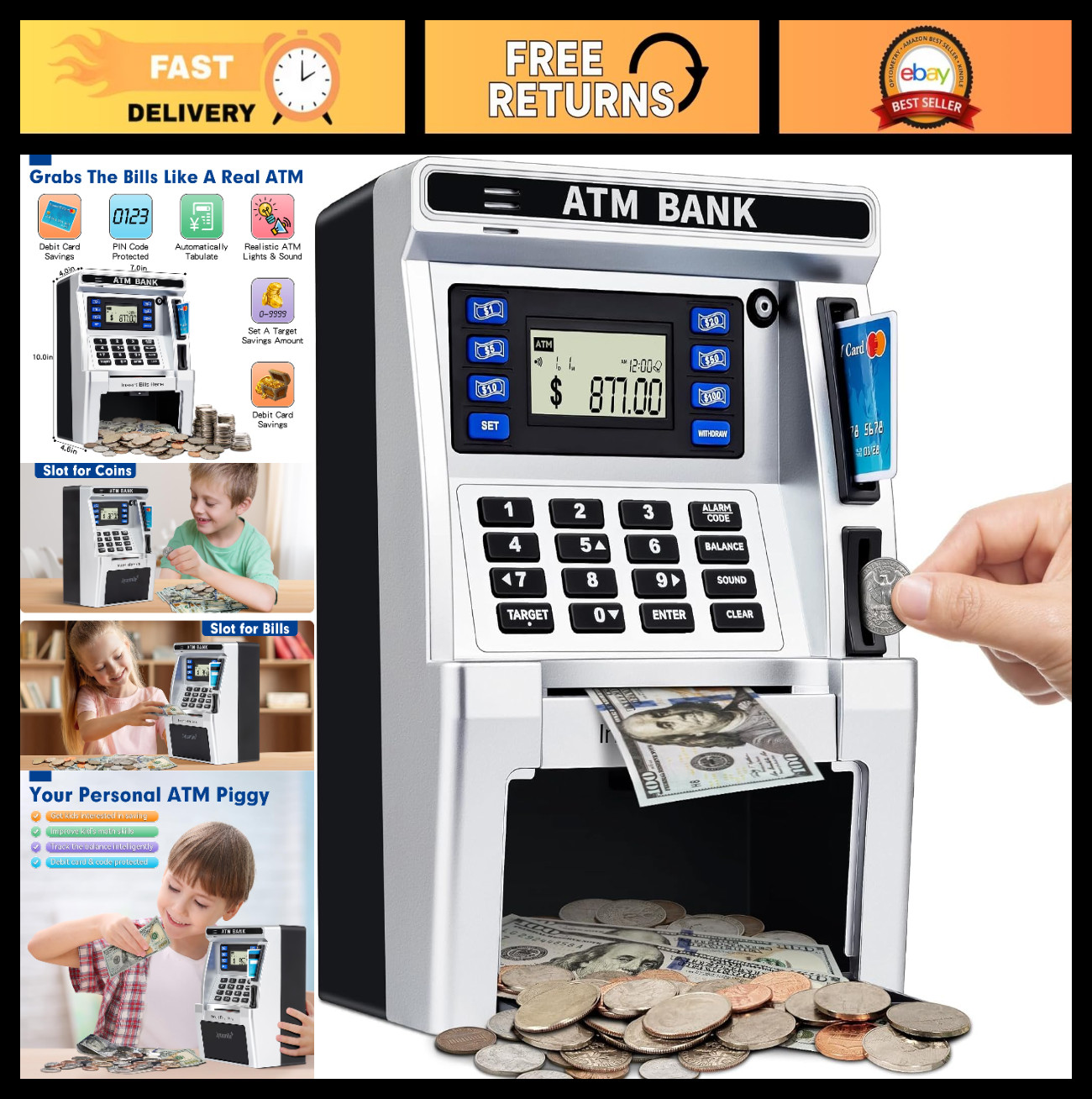 Kids ATM Piggy Bank with Debit Card, Coin Recognition, Bill Feeder, Savings Safe