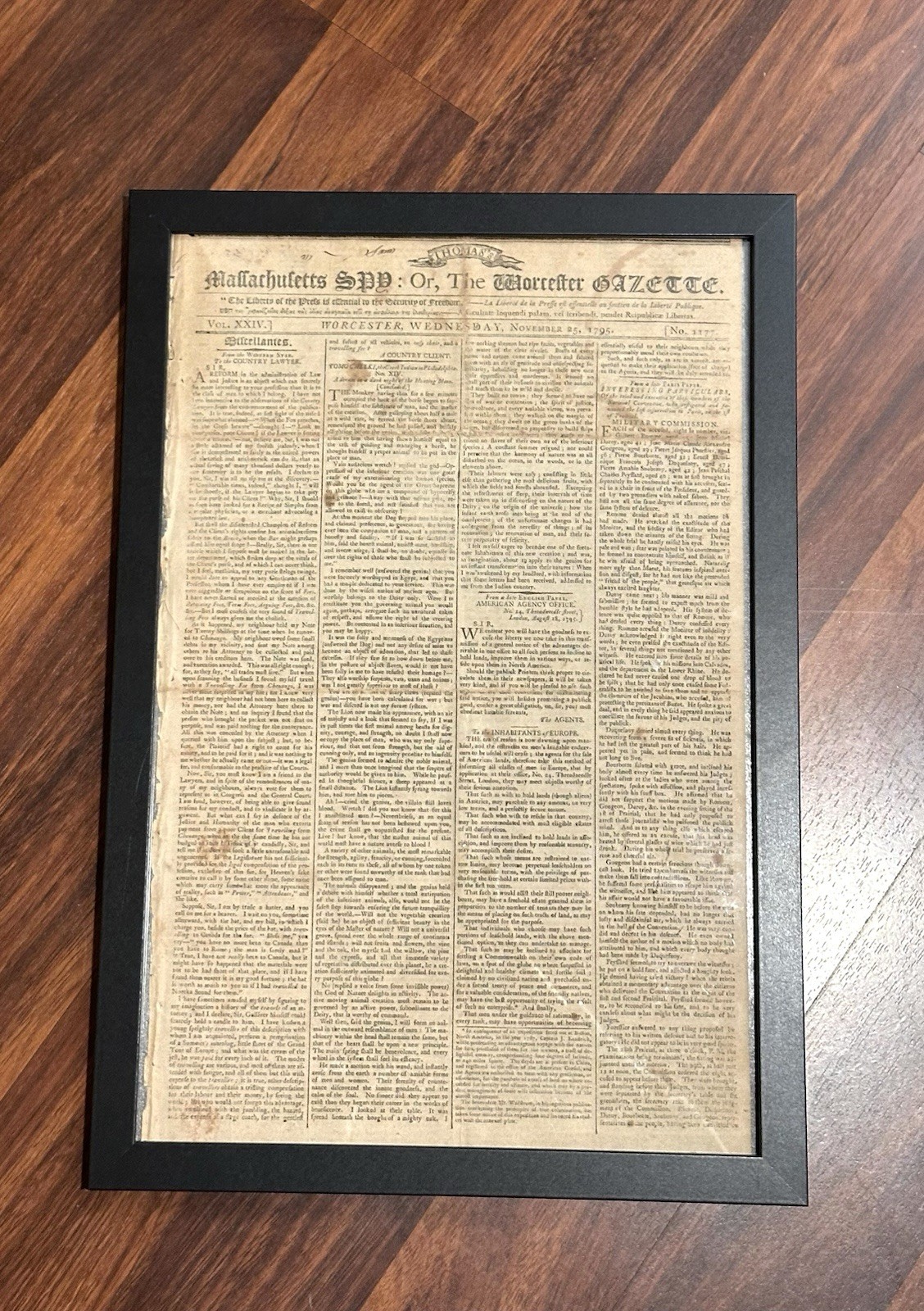 Thomas's Massachusetts Spy, or Worcester Gazette Nov 25th 1795 Antique Newspaper