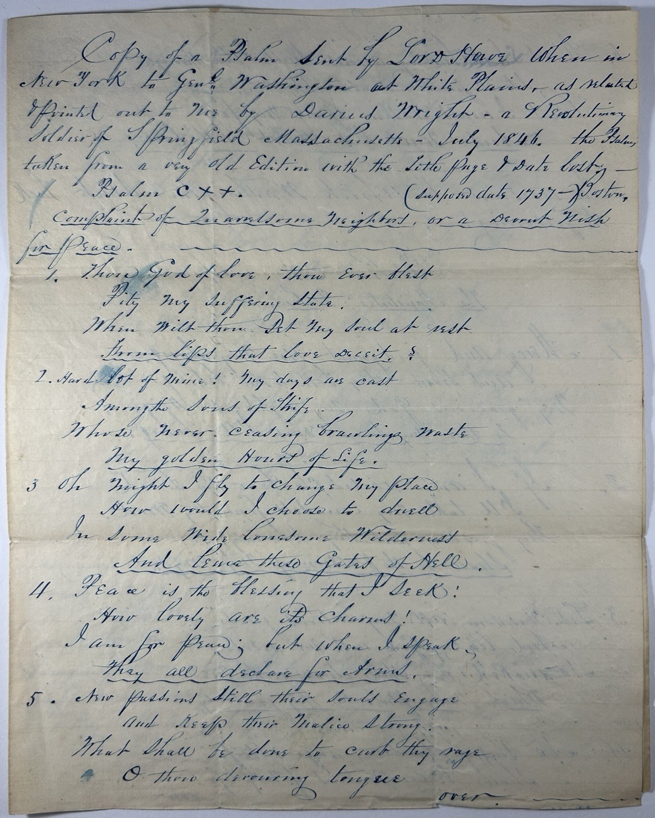 1846 Manuscript Detailing 1776 Psalm Legend of Richard Howe & George Washington 1846 Manuscript Detailing 1776 Psalm Legend of Richard Howe & George Washington