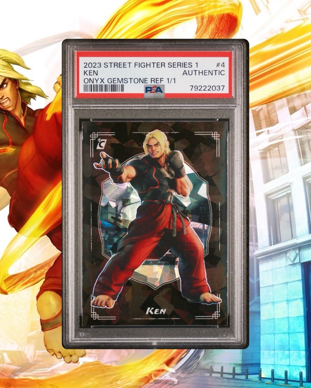 2023 Cardsmiths Street Fighter Series 1 Ken #4 Onyx Gemstone Refractor 1/1 PSA