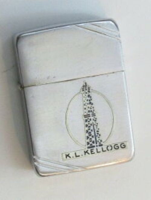 Vintage Zippo KL Kellogg 4-Barrel Brass Case Metal Plate Lighter Vintage Zippo KL Kellogg 4-Barrel Brass Case Metal Plate Lighter