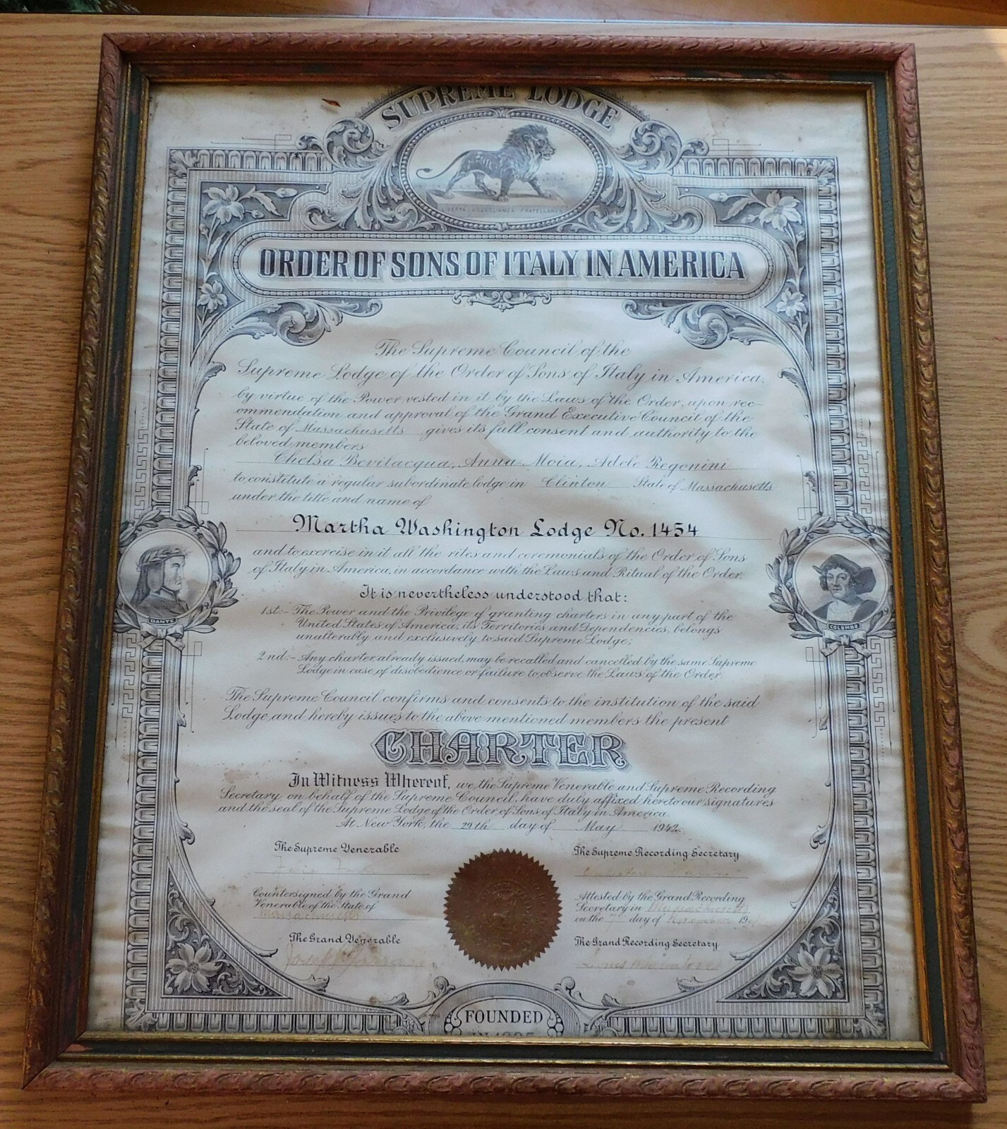 1942 Sons of Italy in America, Martha Washington Lodge #1454 Clinton MA Charter 1942 Sons of Italy in America, Martha Washington Lodge #1454 Clinton MA Charter