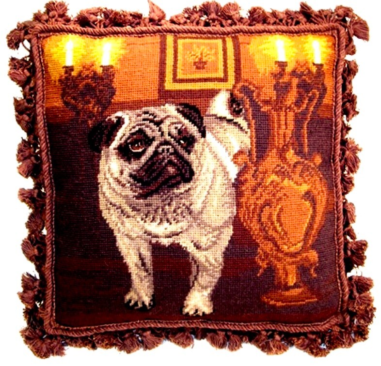 Pug Dog Pillow Needlepoint  Fringed Pillow  NWT  Lg 16” x 16”  PRICE REDUCED