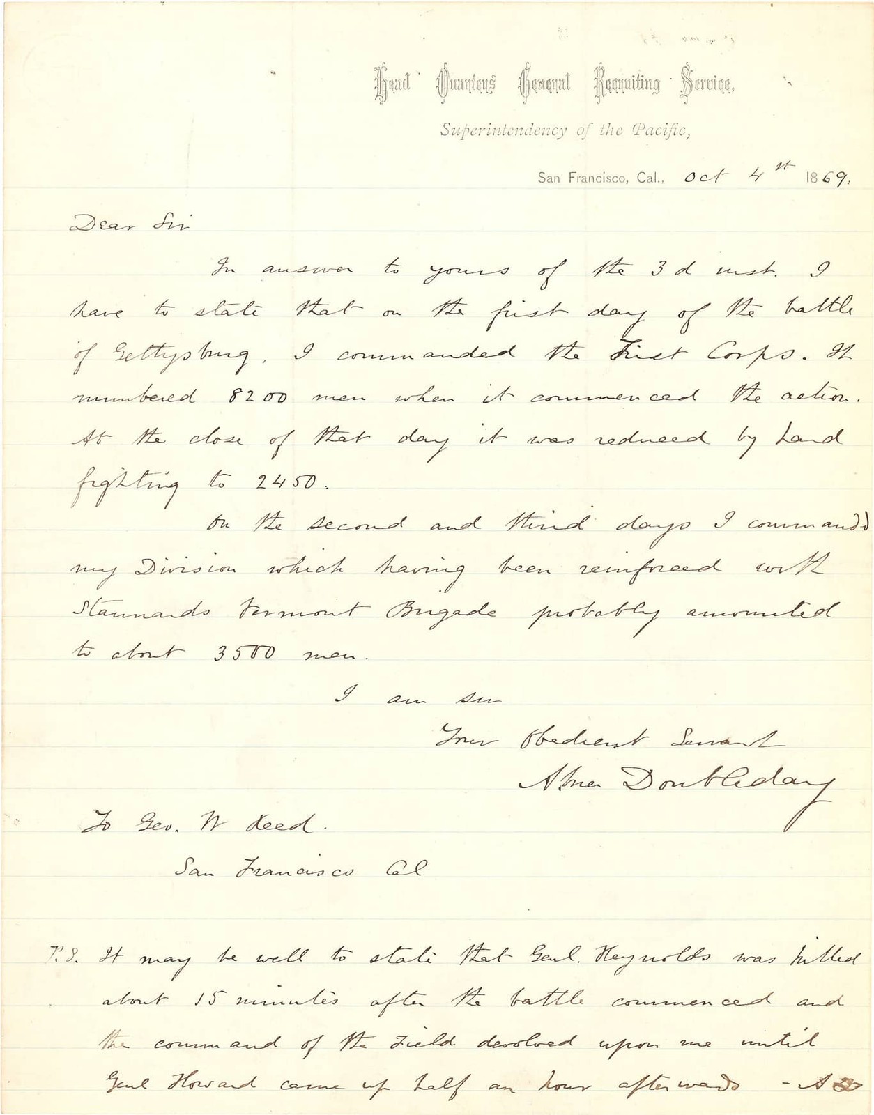 1869 - Abner Doubleday Handwritten Letter Battle of Gettysburg - Beckett LOA 1869 - Abner Doubleday Handwritten Letter Battle of Gettysburg - Beckett LOA