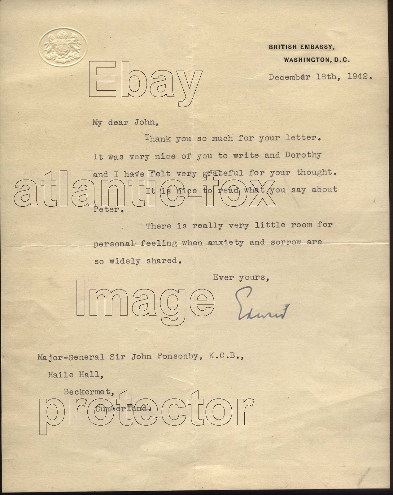 1942 Edward, Earl of Halifax, BRITISH EMBASSY-WASHINGTON Death of his Son Peter
