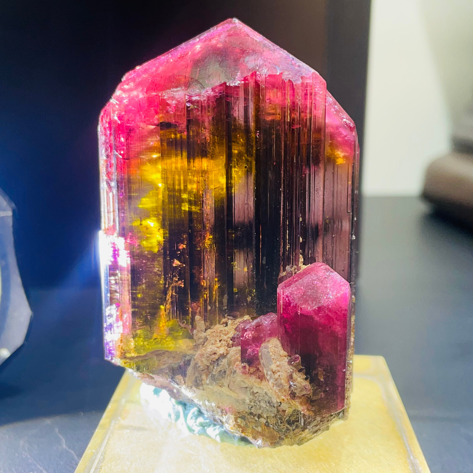 336g Gem Natural Museum collection Red yellow tourmaline Crystal Quartz +stand