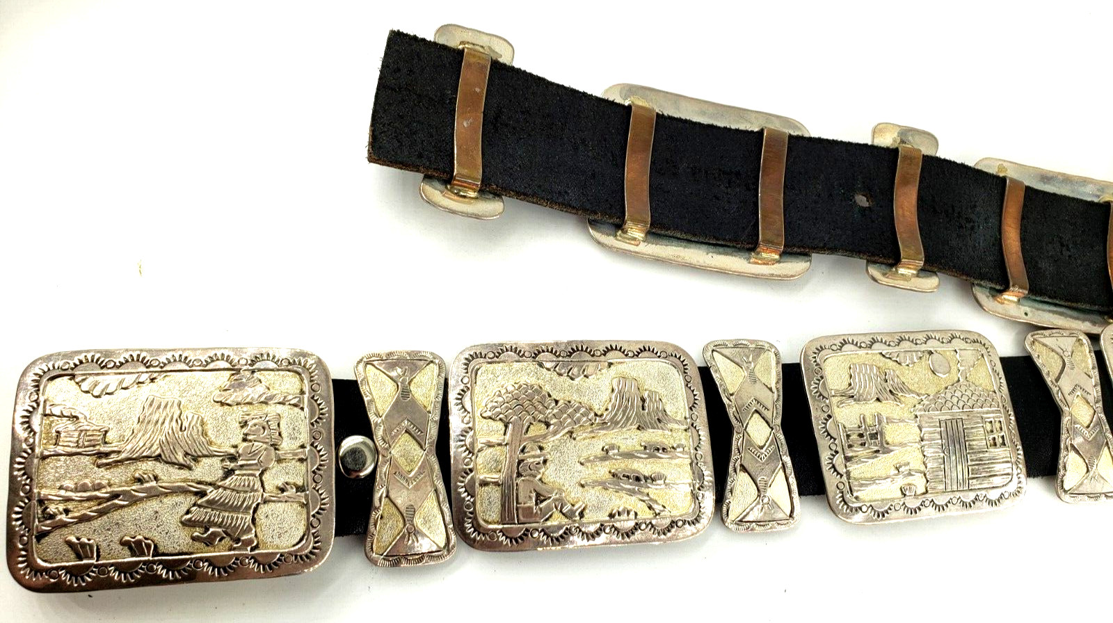 EUGENE BELONE NAVAJO Sterling Silver Black Leather CONCHO Belt NATIVE Vintage EUGENE BELONE NAVAJO Sterling Silver Black Leather CONCHO Belt NATIVE Vintage