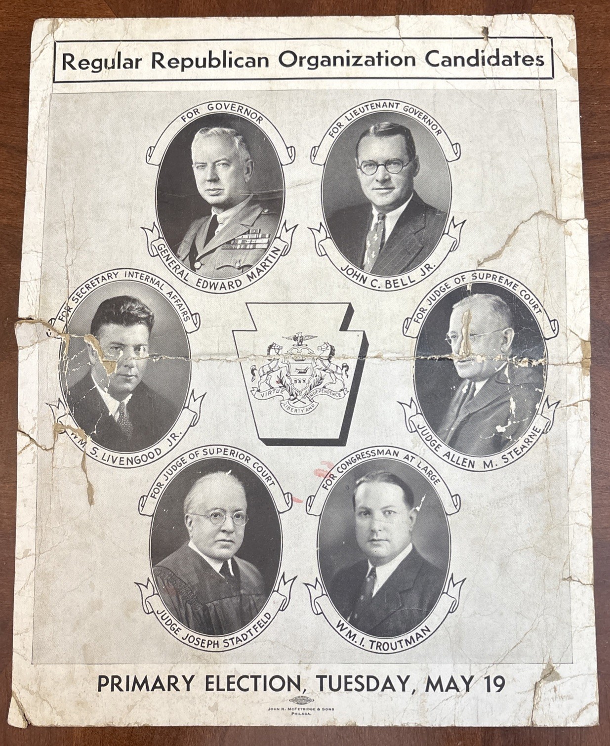 1942 WW I II General Edward Martin Republican Governor Pennsylvania Sign Ad 1942 WW I II General Edward Martin Republican Governor Pennsylvania Sign Ad