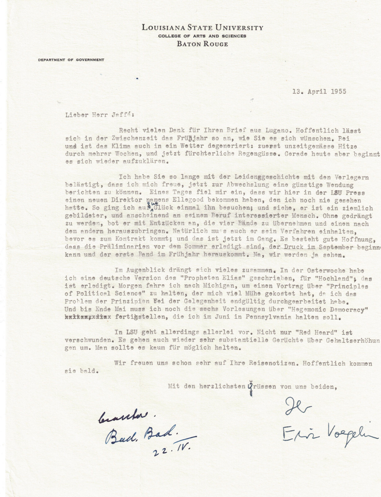 Eric Voegelin Philosopher 1955 Typed Signed Letter LSU Hochland Elias Jaffe 