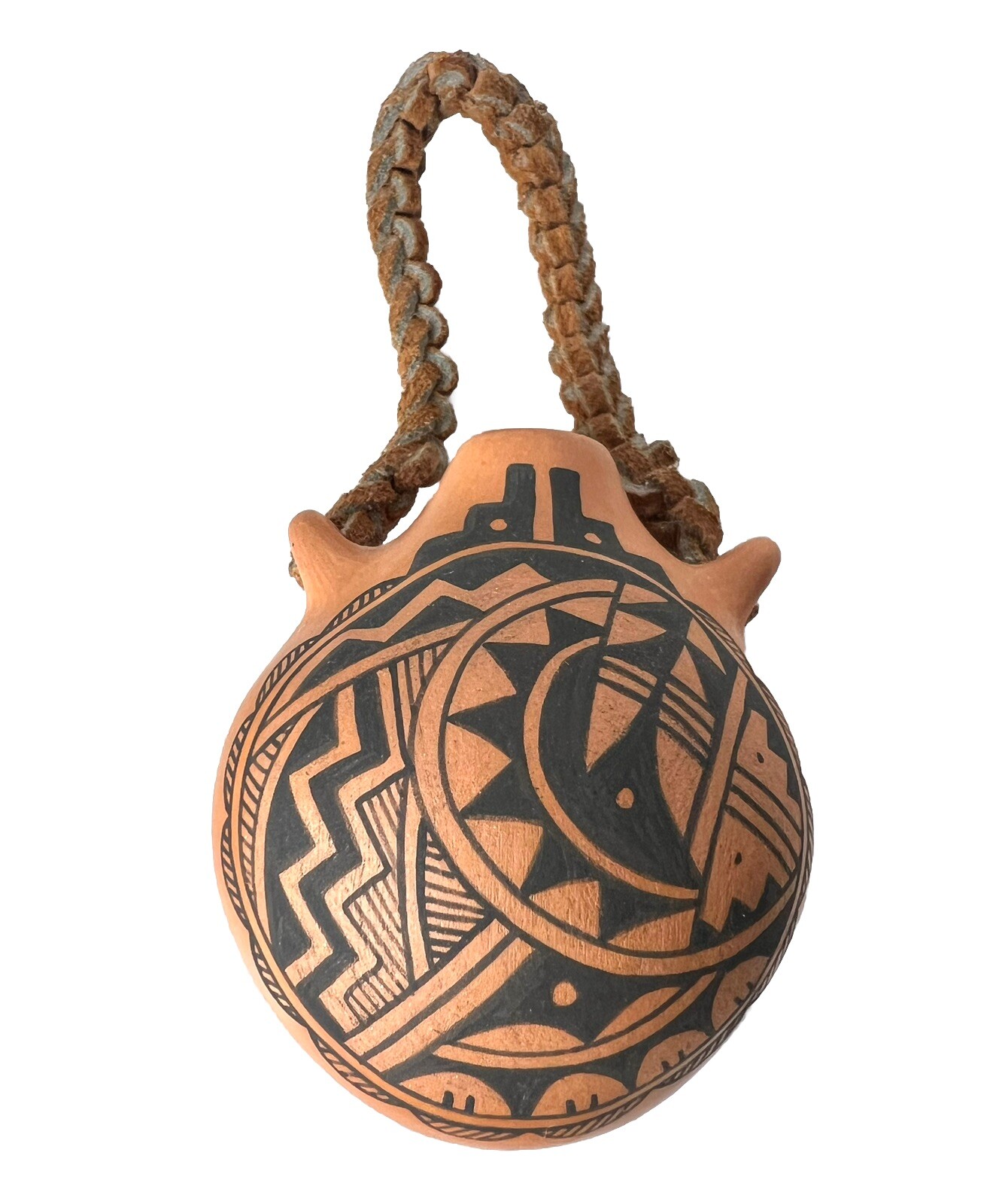 REYES MADALENA Jemez Pueblo Mini Canteen Native American Leather Braid VTG 3”L